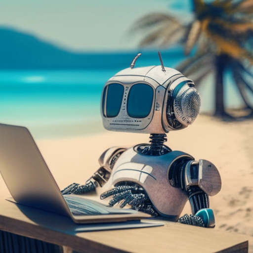 Robot using a laptop doing travel planning while on a beach