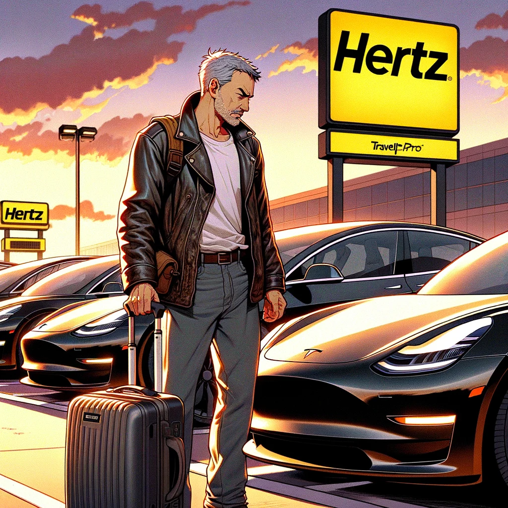 55-year old weary road warrior looking at a single row of black Tesla Model 3s in a Hertz rental car lot in the style of ‘90’s anime.
