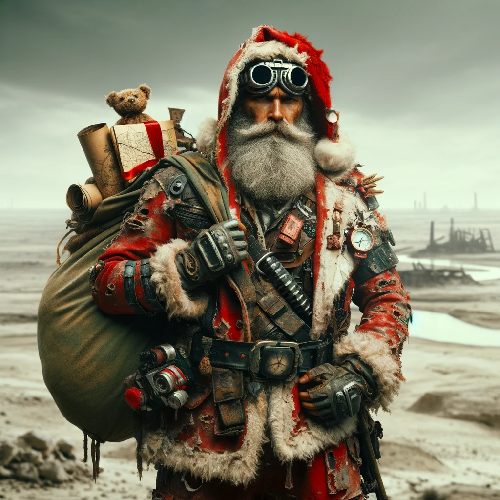 Post-apocalyptic Santa Claus road warrior in a desolate landscape. He's in a tattered red and white suit, equipped with survival gear and goggles, holding a sack of travel-oriented gifts. The background shows a dystopian, barren terrain with a hint of a ruined cityscape.
