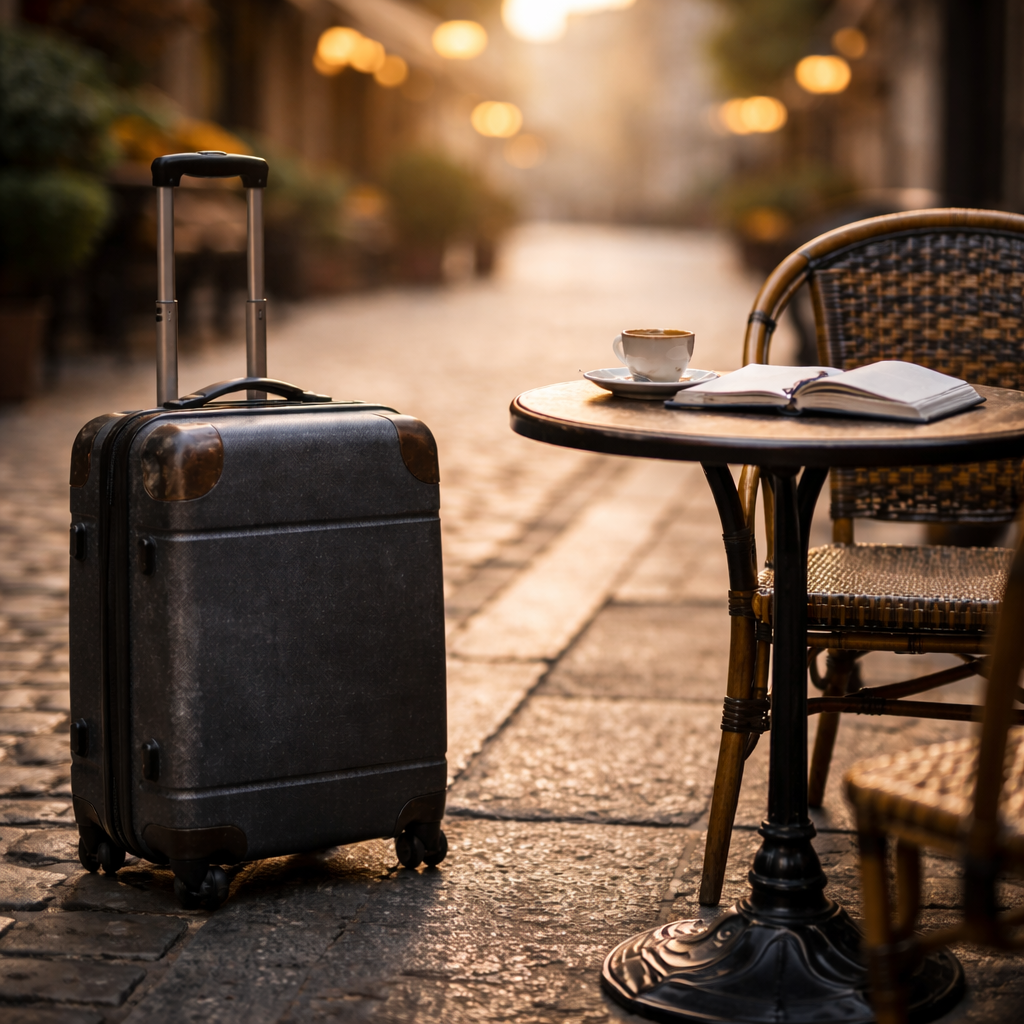 A traveler's suitcase at rest beside a café table — TravelCommons, same suitcase, different traveler
