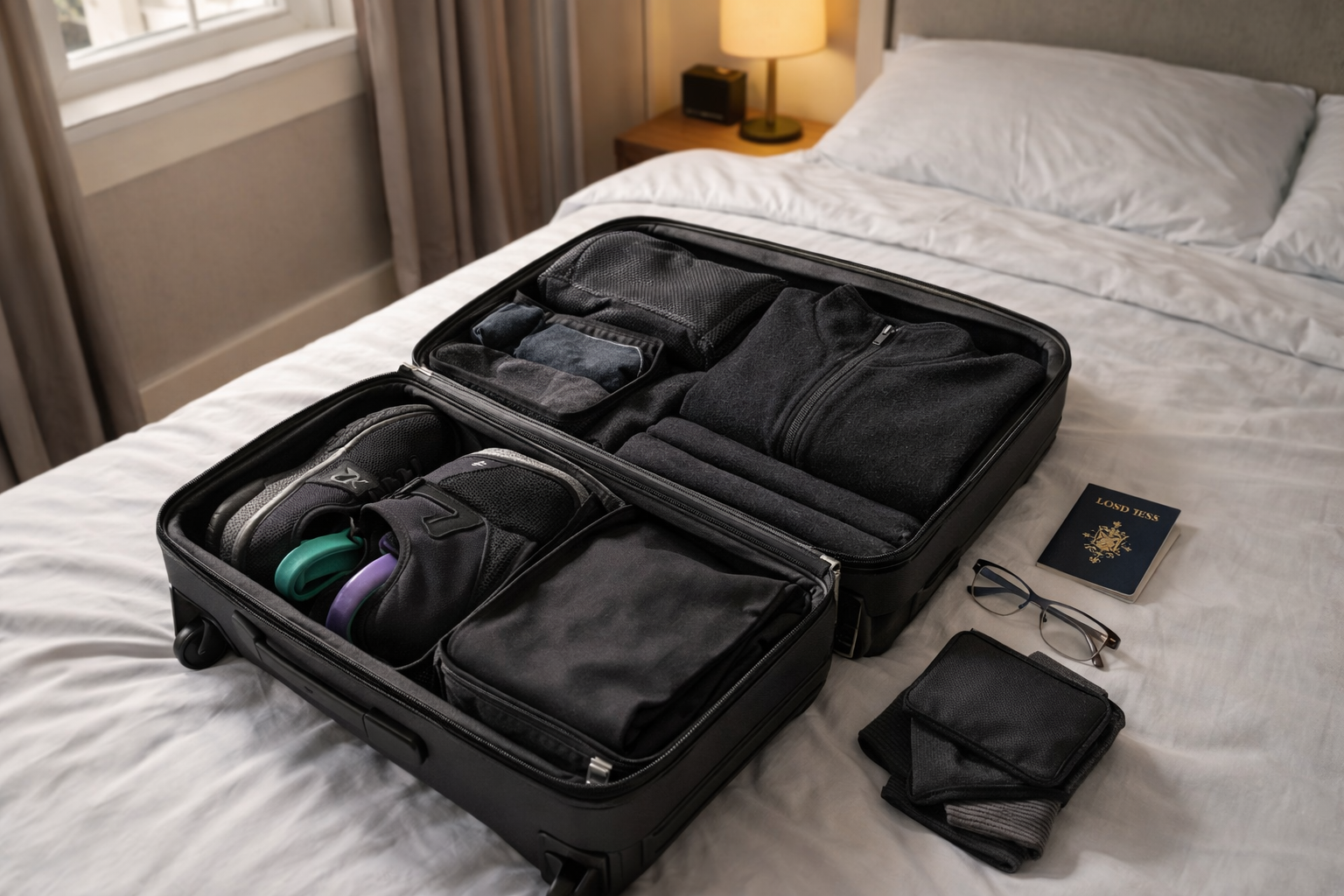Open black carry-on suitcase on a white hotel bed, packed with dark clothing, gym shoes with resistance bands tucked inside, a black packing cube, reading glasses, and a passport beside the bag
