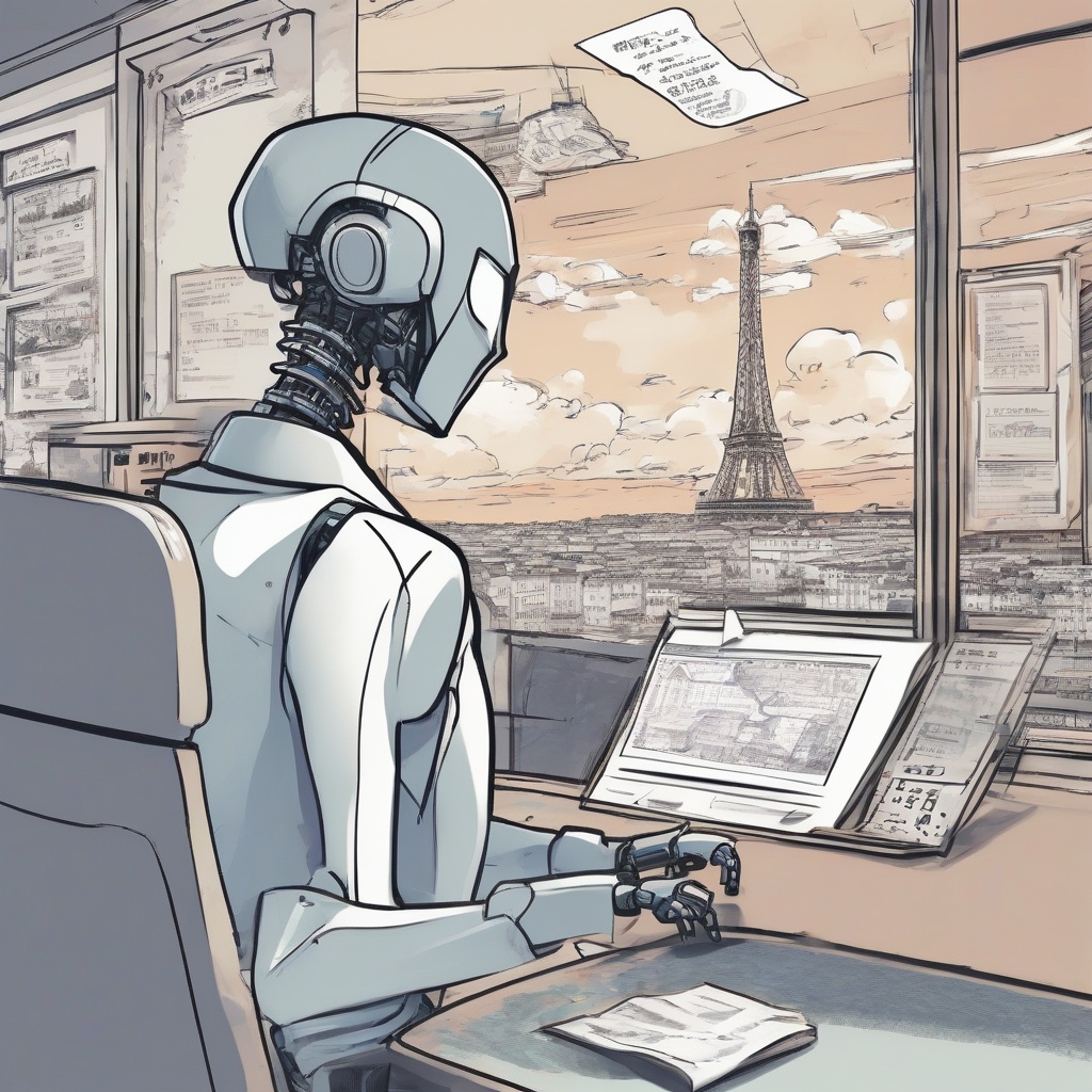 AI-generated, sketch-style illustration of a white humanoid robot seated on a train, reviewing travel schedules while looking out the window at the Eiffel Tower and the Paris skyline